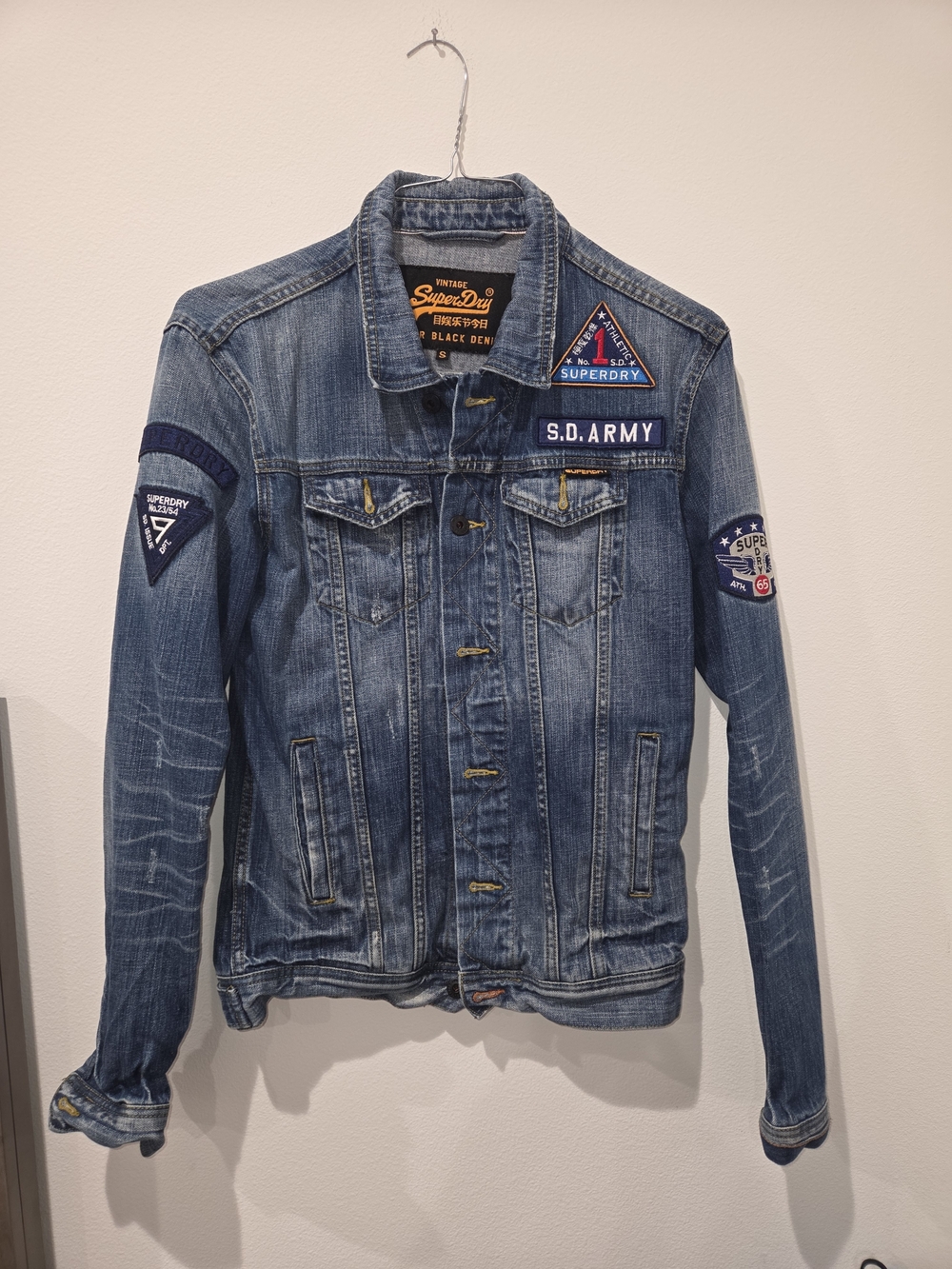 Vintage Superdry Men's Blue Denim Patch Jacket